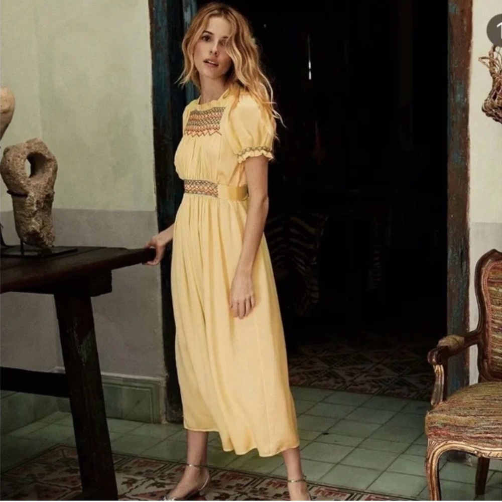 Doen Yellow Smocked Silk Castalia Dress XS
